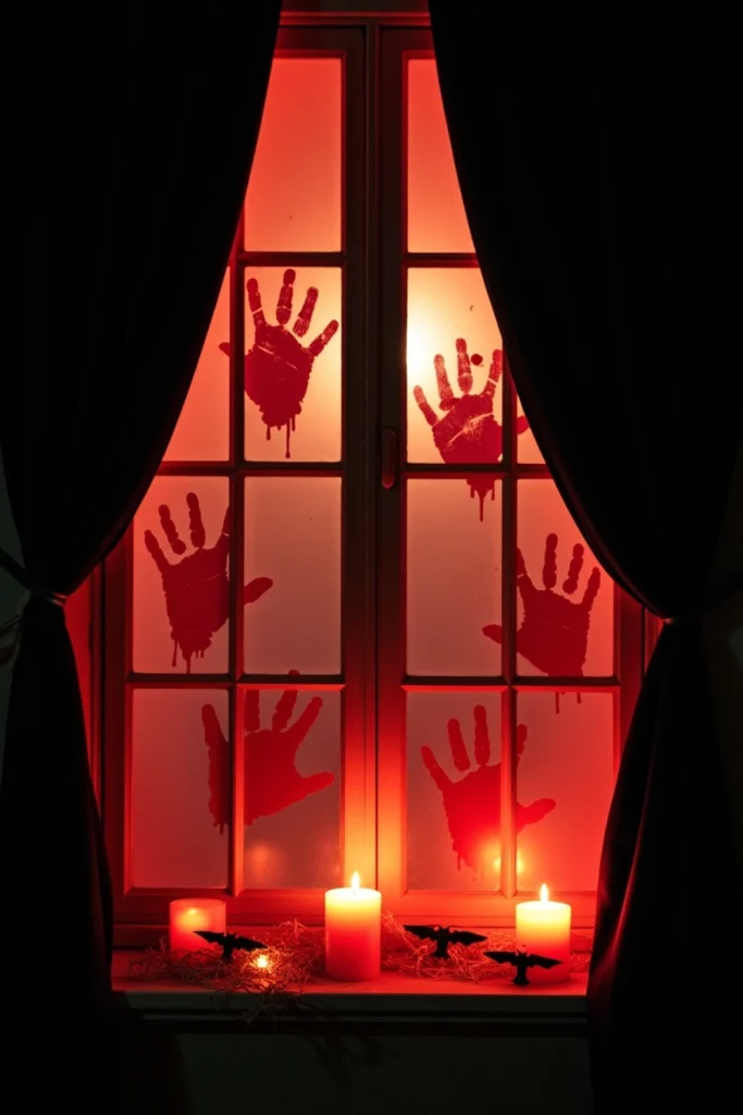Red blood-splatter window clings on glass panes, lit with warm glow for a chilling Halloween horror effect.