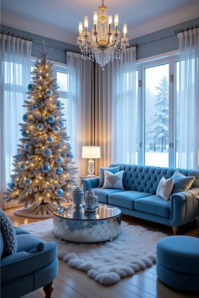 Blue and silver Christmas tree with icy decor, faux fur rug, velvet sofa, and shimmering lights
