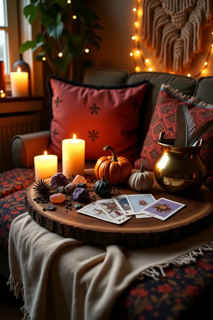 Bohemian Halloween altar with crystals, herbs, pumpkin, candles, and cushions in cozy corner nook.