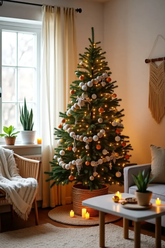 Boho Christmas corner with macrame garlands, citrus decor, and cozy neutral textures in soft light.