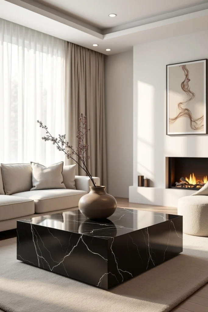 Modern living room with bold black marble coffee table, neutral sofa, ivory rug, and ceramic vase