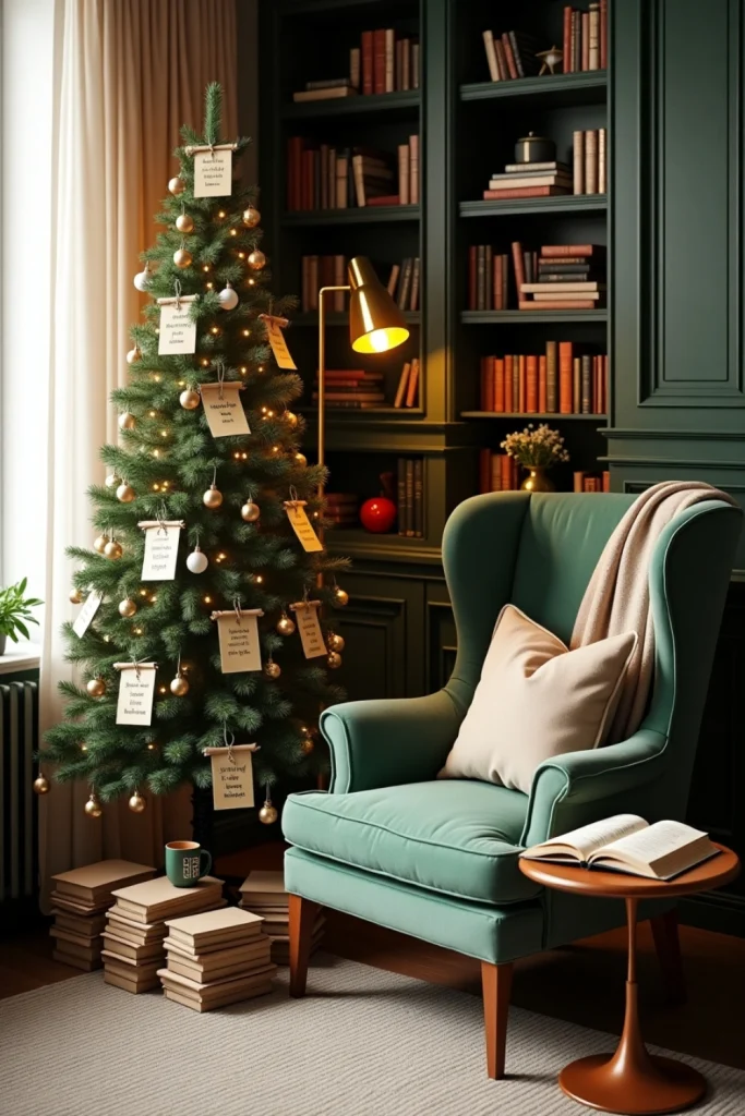 Book-themed Christmas nook with mini book ornaments, cozy chair, soft rug, and stacked books under tree.