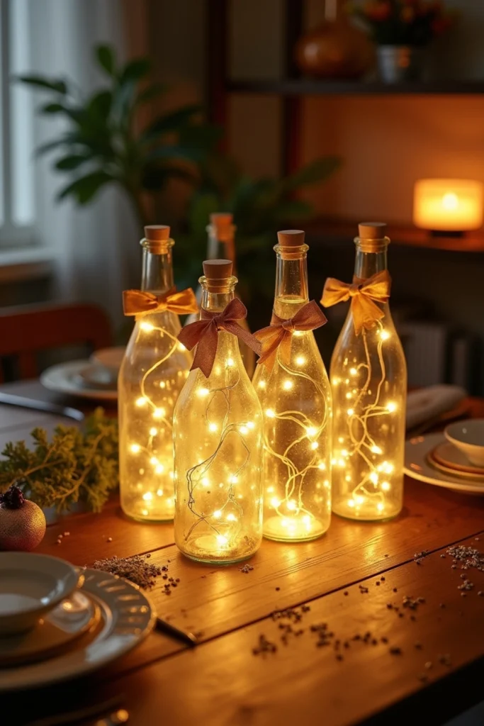 Recycled glass bottles with warm fairy lights and gold ribbons as glowing New Year’s Eve table lanterns.