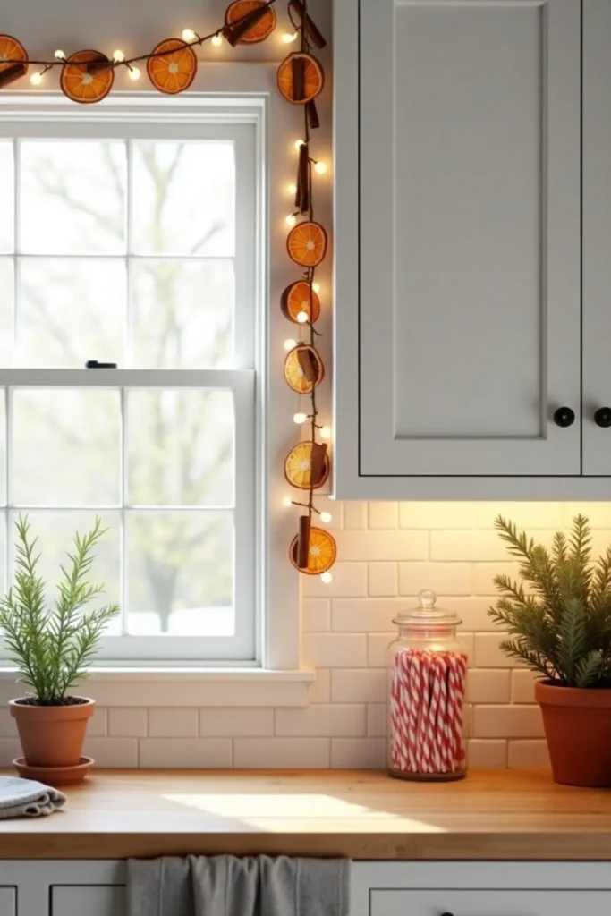 Rustic kitchen garland of dried oranges and cinnamon sticks over counter with warm festive details.