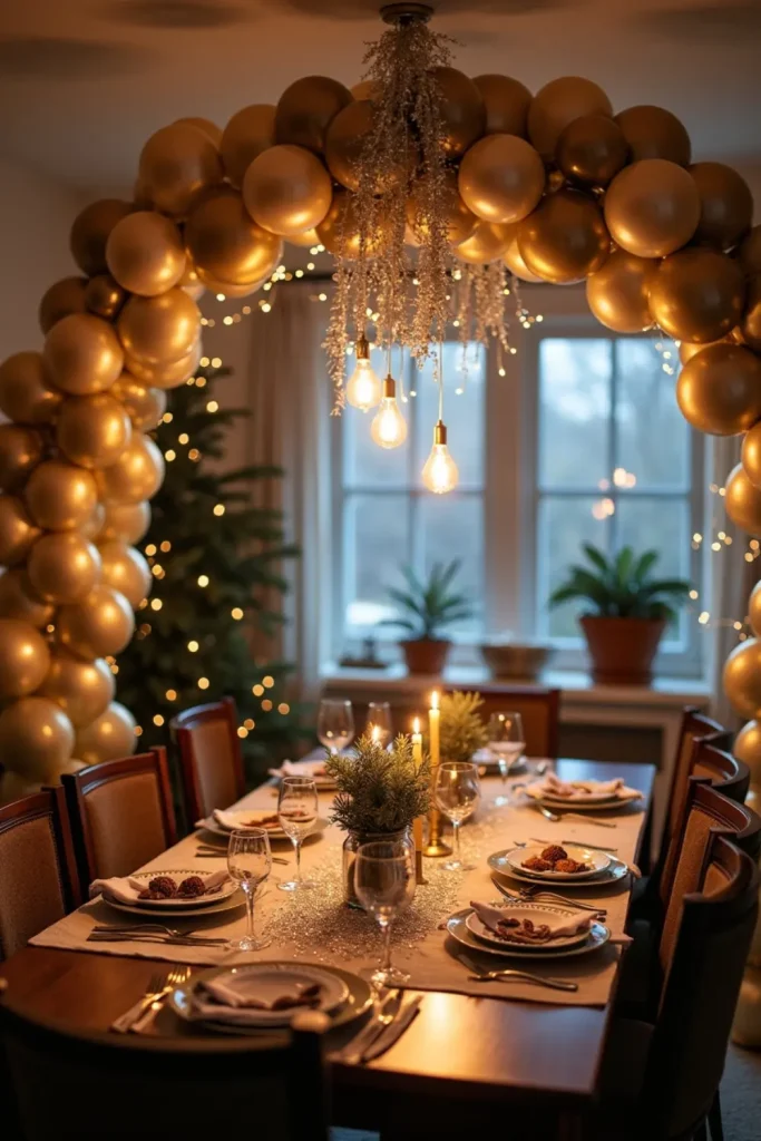 Budget New Year’s Eve party with balloons, tinsel, DIY confetti, and rustic pinecone centerpieces.