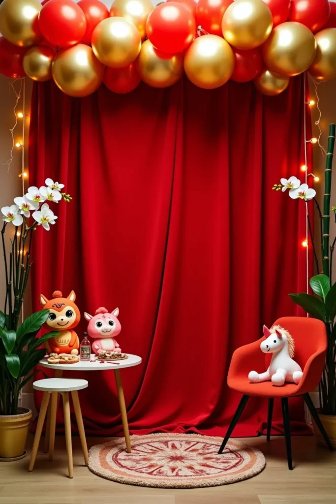 Red fabric and gold balloon photo backdrop with Year of the Horse props for Chinese New Year party.