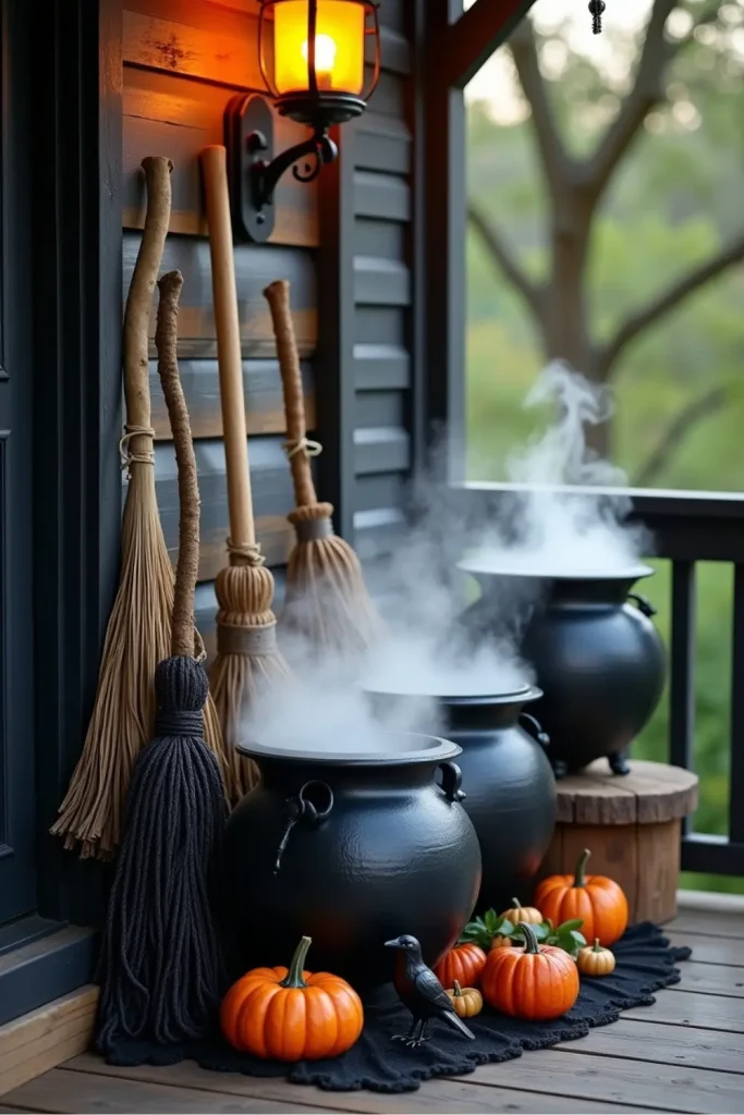“Foggy black cauldrons with broomsticks, lace drapes, and lantern glow in a witchy Halloween porch scene”