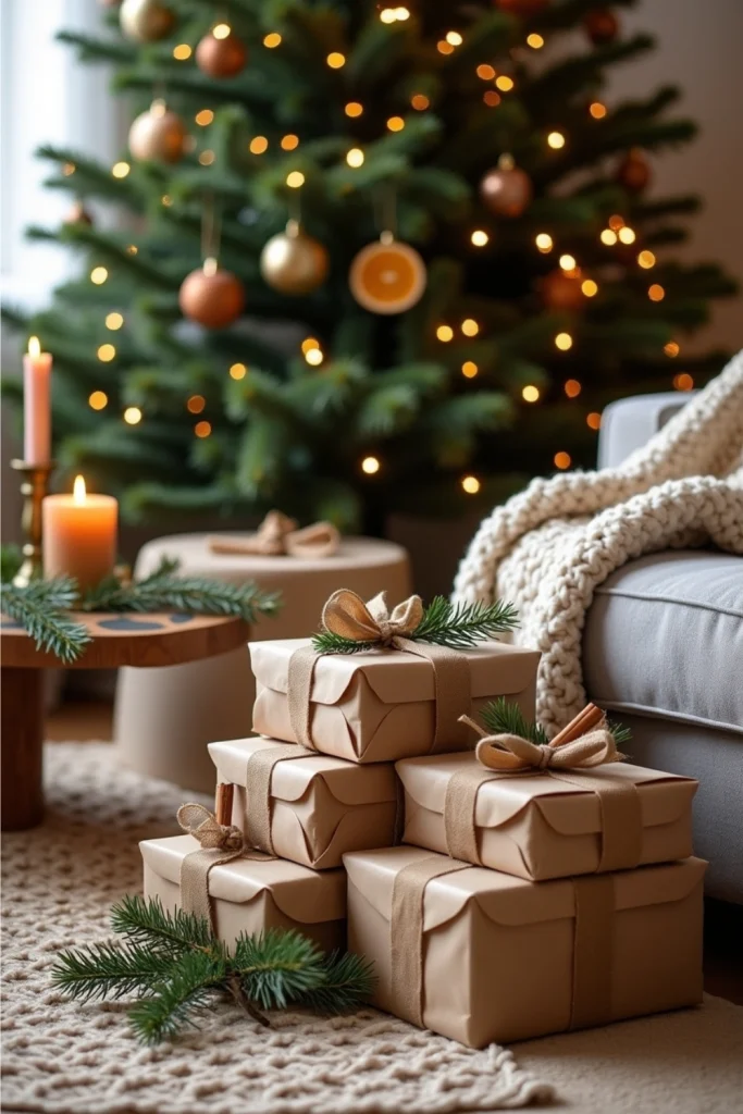 Eco-friendly gifts wrapped in kraft paper with burlap ties, pine sprigs, and rustic holiday accents.