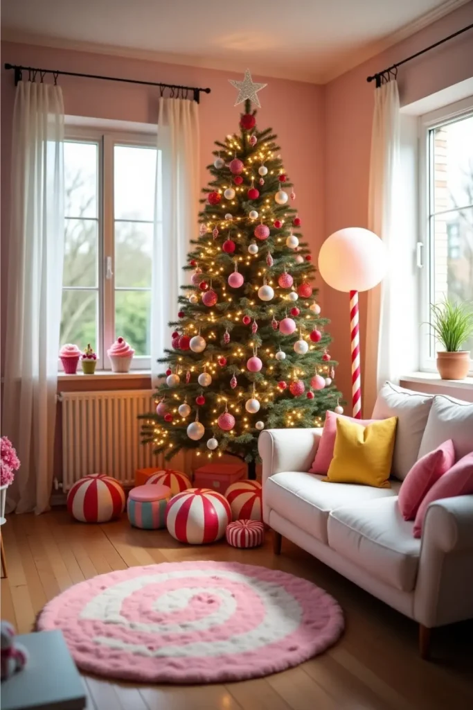 Candyland-themed Christmas tree with candy ornaments, rainbow lights, and pastel cozy living room décor.