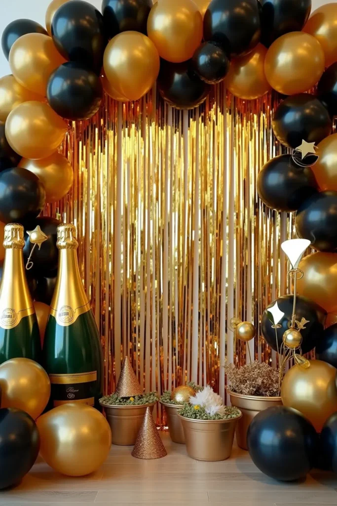 Gold streamer photo wall with cardboard champagne bottles, balloons, and fun New Year’s Eve party props.