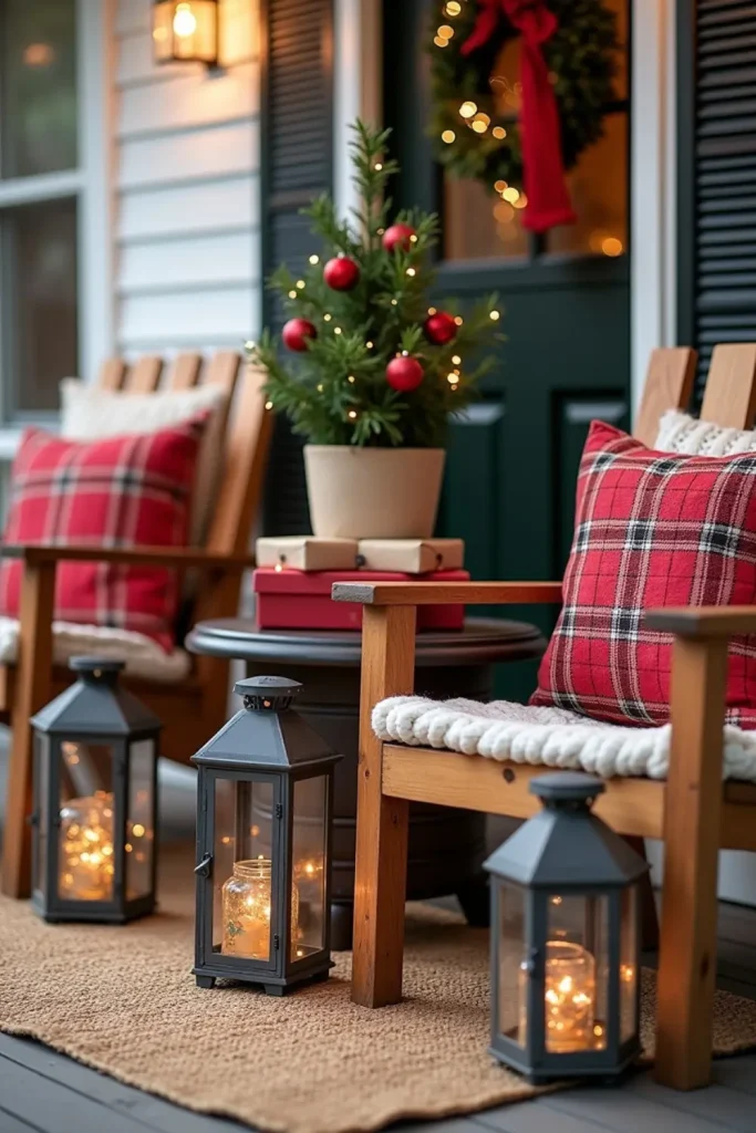 Cozy porch with plaid cushions, lit lanterns, gift boxes, and a mini tree in burlap on a table.