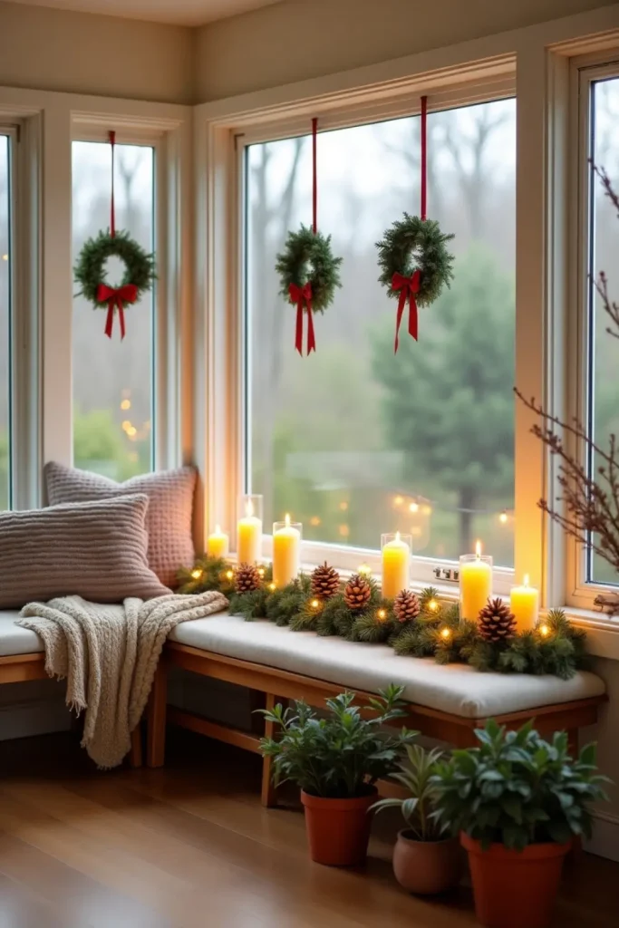 LED candles with pinecones and ribbons on sunroom windowsill, glowing softly for Christmas warmth.