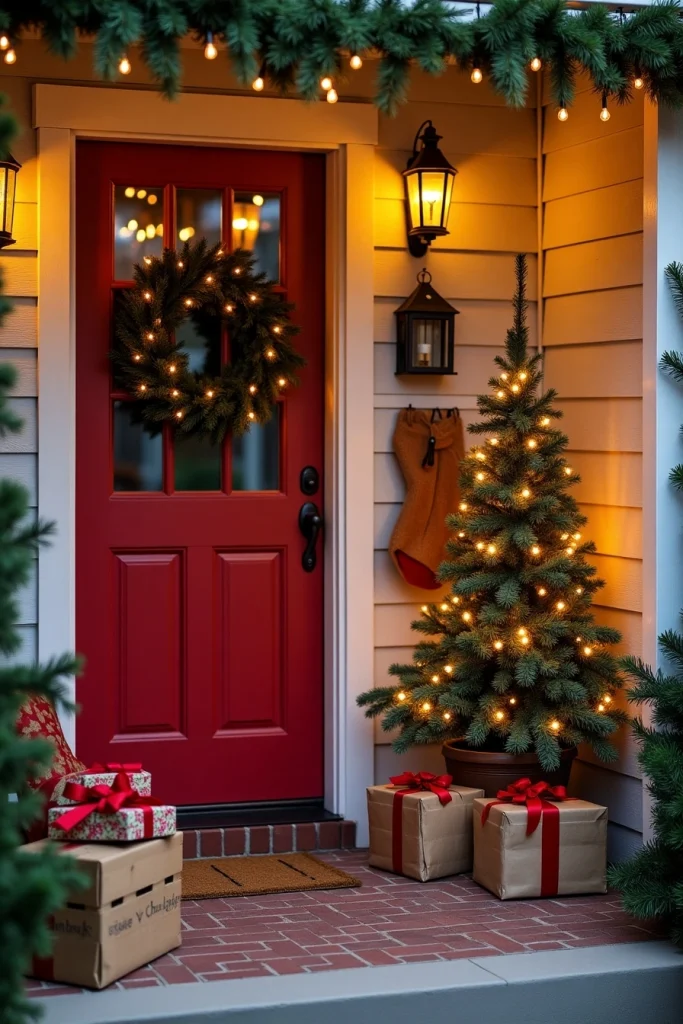 Small Christmas porch with wreath, mini tree, wall lights, and mirror for cozy holiday glow.