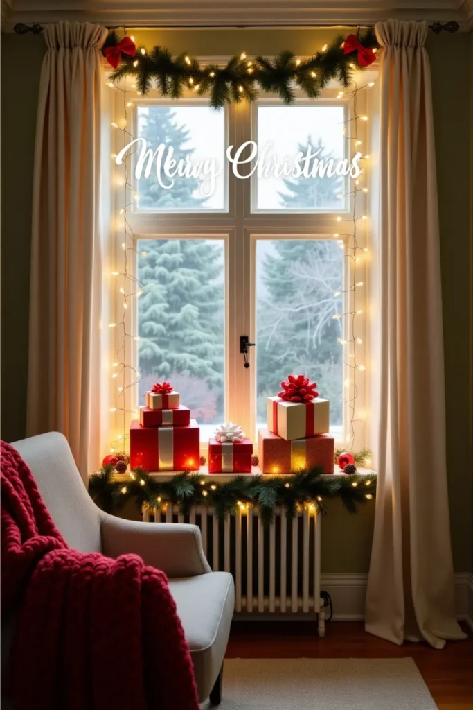 Living room window with stacked gifts, fairy lights, and a “Merry Christmas” decal for festive charm.