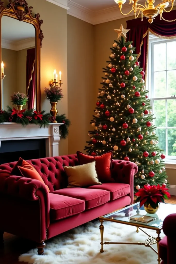 Elegant Christmas living room with red and gold decor, velvet sofa, and a festive, glowing tree.