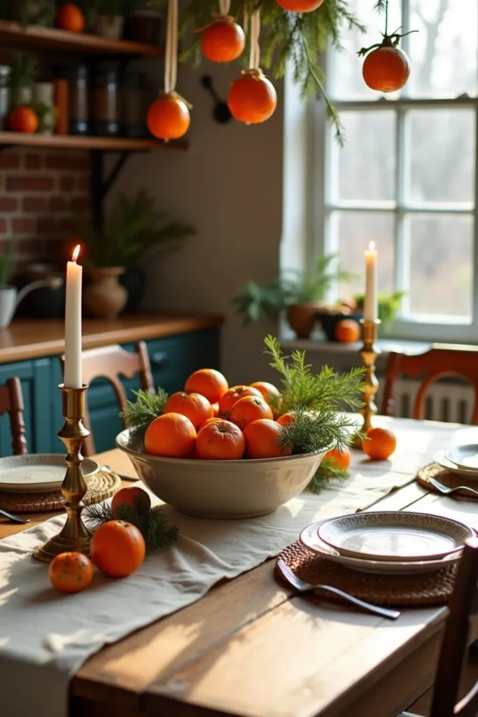 Rustic kitchen table with clove-studded oranges, linen runner, candles, and festive holiday warmth.