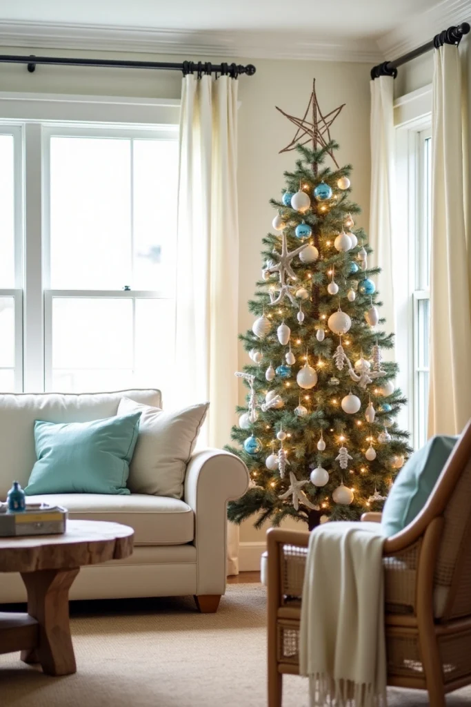 Coastal Christmas tree with seashell ornaments, driftwood stars, and blue accents in a beachy room.