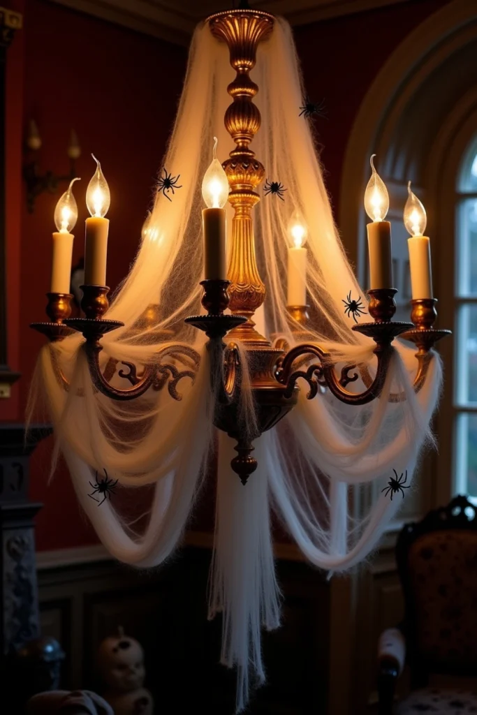 Vintage chandelier draped in cobwebs with spiders, glowing warmly in a haunted gothic room.