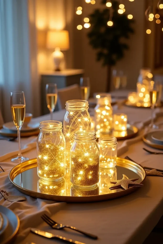 Gold confetti jars with warm lights on mirrored trays as sparkling New Year’s Eve table centerpieces.