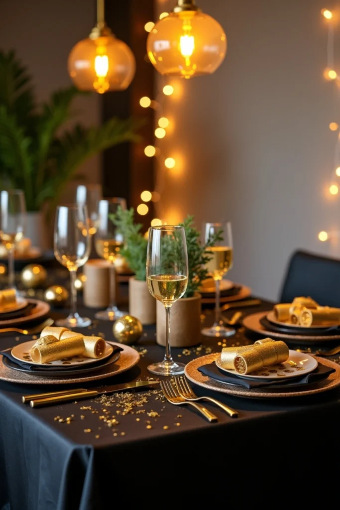 New Year’s Eve table with gold poppers, confetti, champagne glasses, and festive black-and-gold decor.