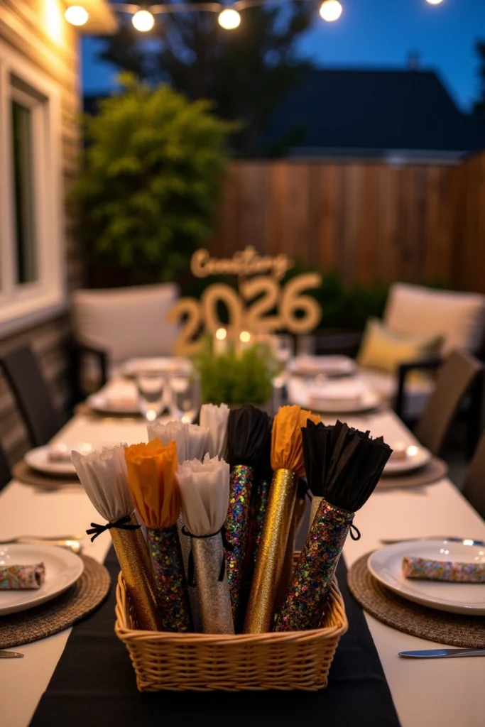 DIY tissue-wrapped confetti poppers on outdoor table, ready for New Year’s Eve midnight cheer.