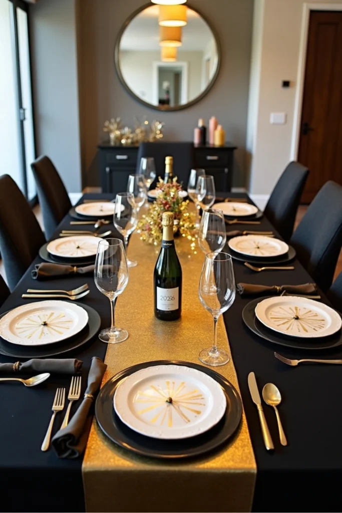 Black-and-gold New Year’s table with DIY countdown clock plates, candles, and festive décor.