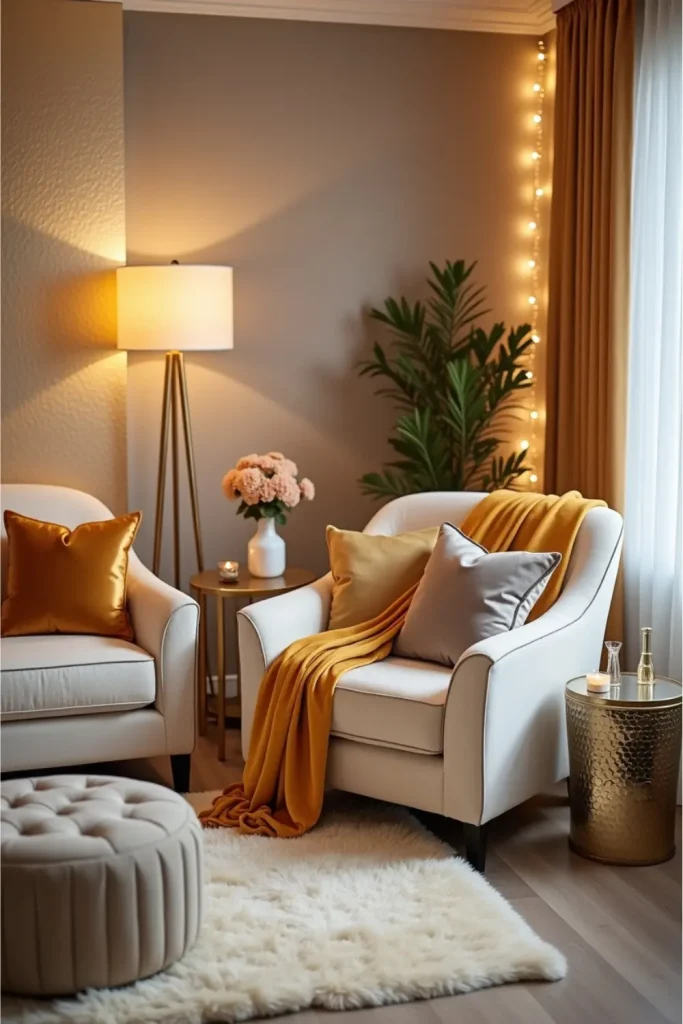 Cream sofa with gold and silver blankets, metallic pillows, warm lighting, and festive New Year’s decor.