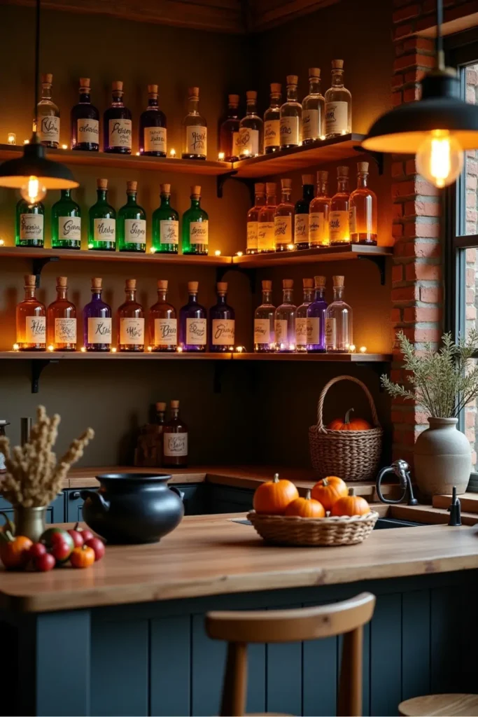 Rustic kitchen shelves with glowing potion bottles, pumpkins, and cozy Halloween cooking decor.