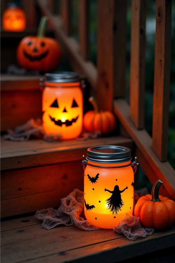 “Painted mason jars with warm LED glow, pumpkins, and cobwebs on a rustic porch for Halloween charm”