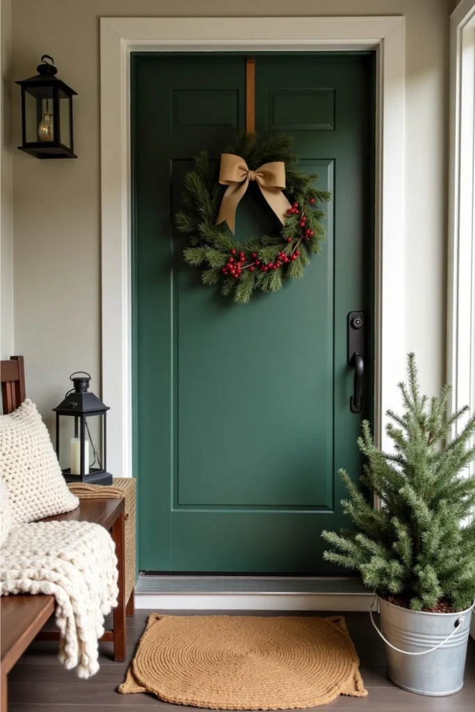 Knit and plaid Christmas stockings hang low on mantel with greenery garland and cozy holiday decor.