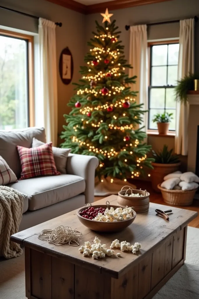 Rustic Christmas tree with cranberry and popcorn garlands, cozy sofa, and handmade holiday charm.