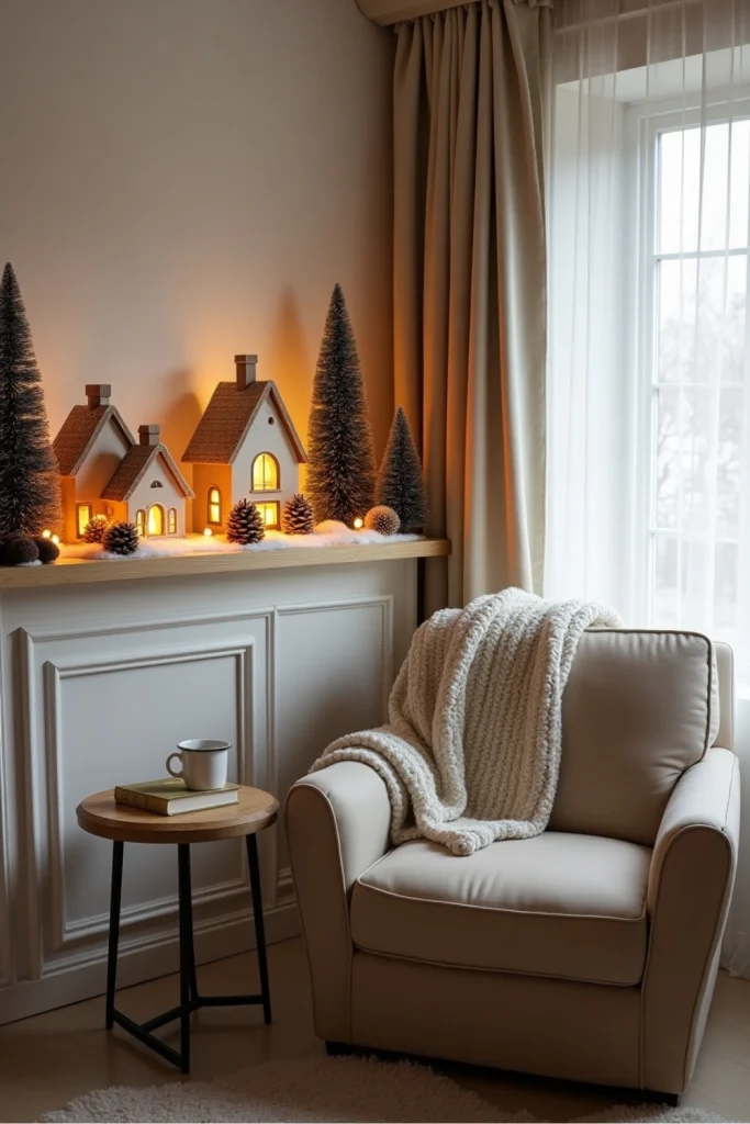 Winter village display with glowing ceramic houses, faux snow, mini trees, and cozy living room corner