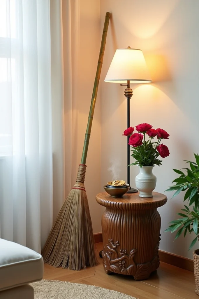Lunar New Year ritual corner with broom, incense burner, red flowers, and gold coins for symbolism.