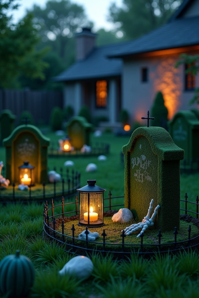 “Mossy foam tombstones with skeleton hands, eerie lantern glow, and fog for a haunted graveyard look”