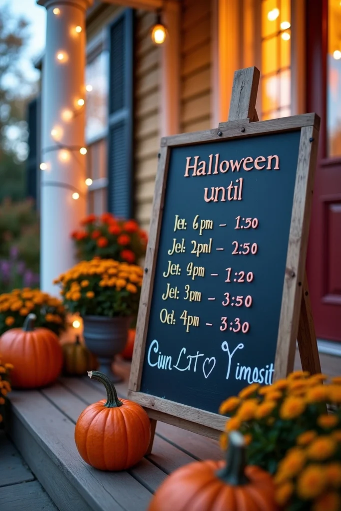 Outdoor chalkboard countdown to Halloween on a rustic easel, surrounded by pumpkins and string lights.