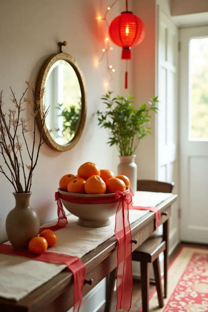 Glass bowl of oranges and tangerines with red ribbons and gold leaves on entryway console for Lunar New Year.