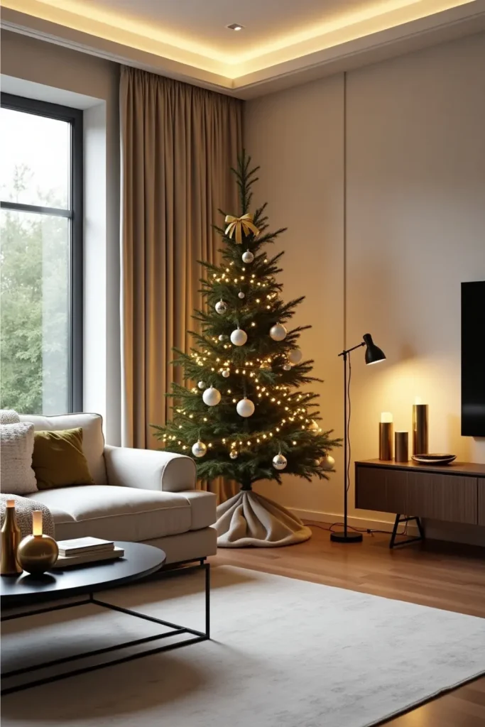 Modern living room with slim gold and white Christmas tree, velvet blanket, and minimalist decor.