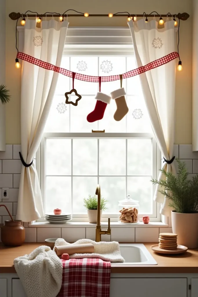Cozy kitchen window with snowflake clings, mini stockings, faux snow, and festive holiday decor.