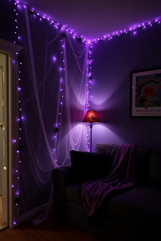 "Living room corner with fake cobwebs, plastic spiders, and purple lights for a haunted Halloween vibe."
