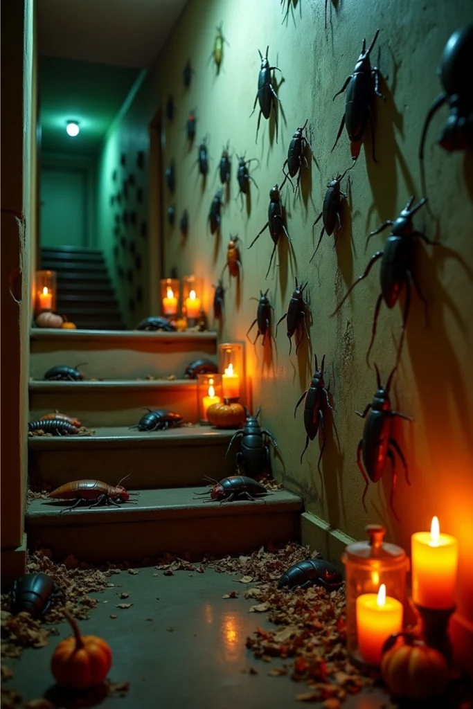 Oversized plastic insects crawling on wall and steps with lantern glow and gritty Halloween detail.
