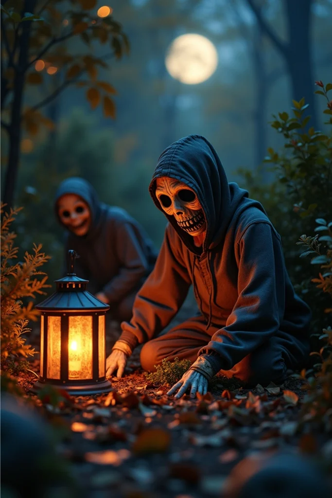 Scarecrow-like ghouls in bushes with fog, lantern glow, and eerie moonlit Halloween garden scene.