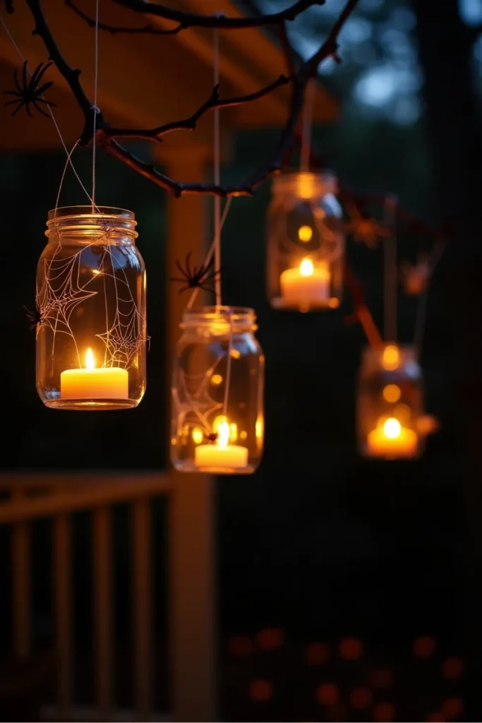 Floating candle jars with warm glow, hanging from trees with cobwebs and spiders for eerie Halloween charm.