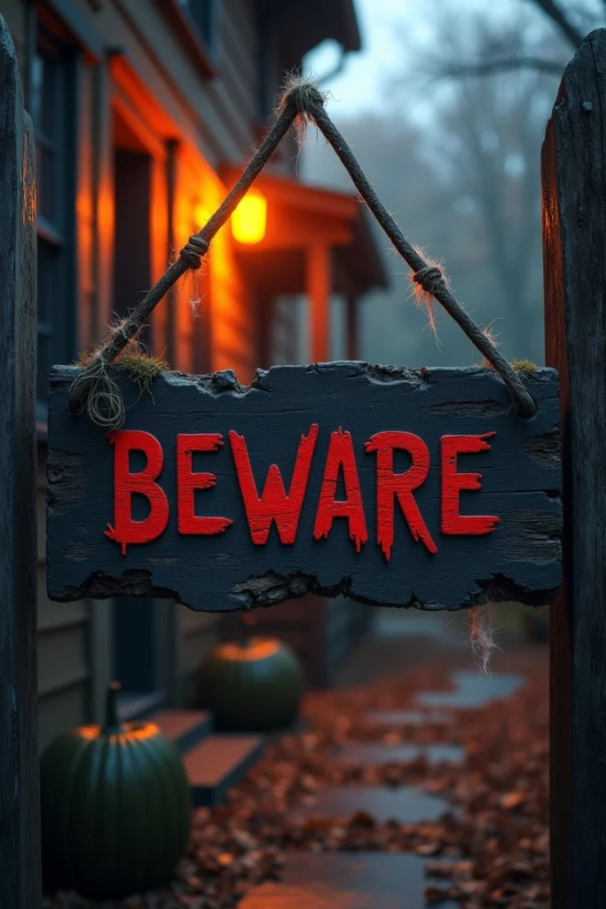 Weathered “BEWARE” sign with red paint, cobwebs, and lantern glow at a spooky Halloween gate.