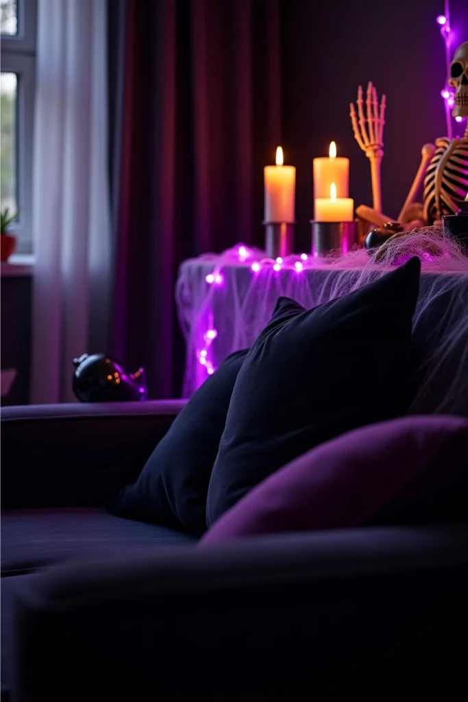 "Halloween party room with hidden speaker, cobweb décor, and moody lighting for spooky sound effects."