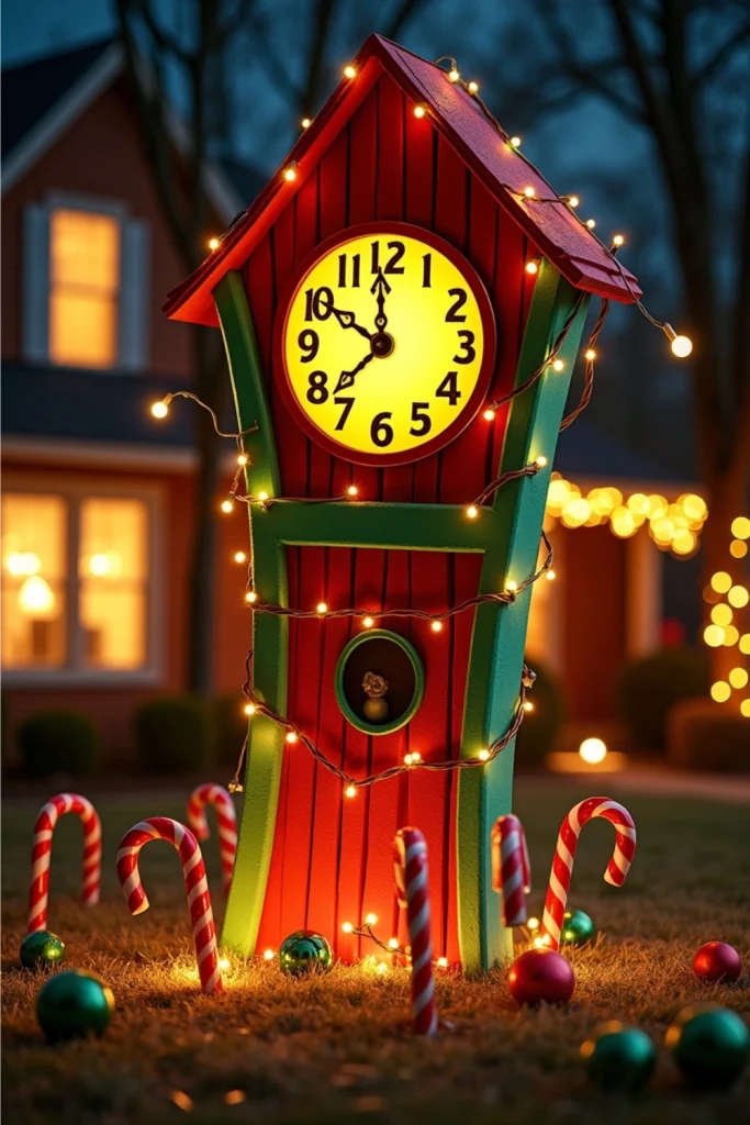 "DIY crooked Whoville clock tower with bright colors, wobbly angles, and playful numbers in a yard display."
