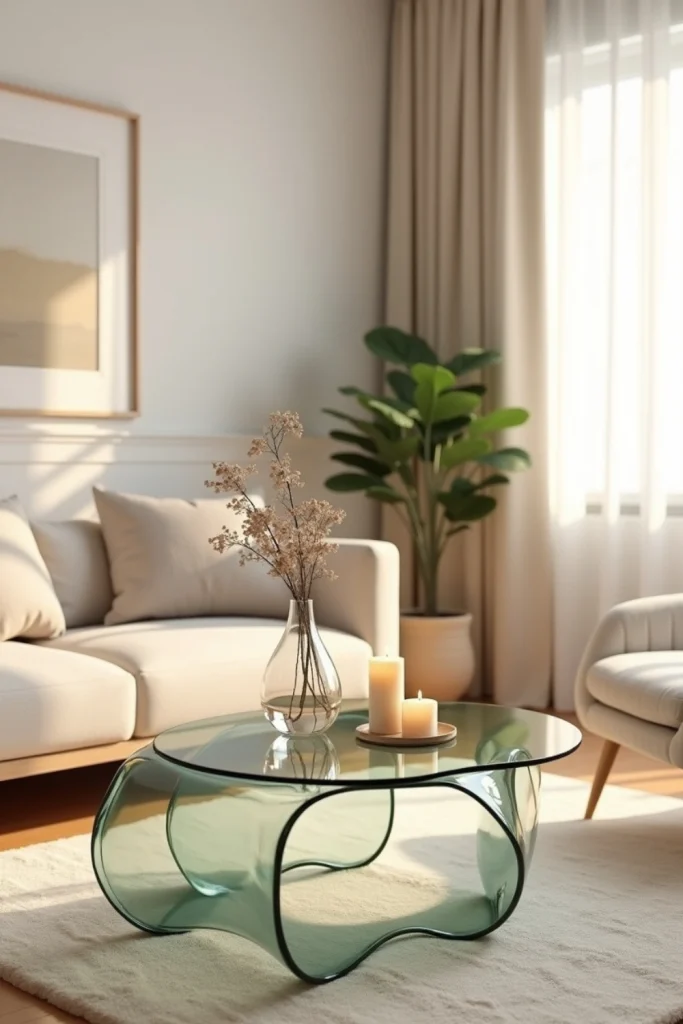 Curved glass coffee table with wavy edges in a serene living room with plush rug and soft sunlight