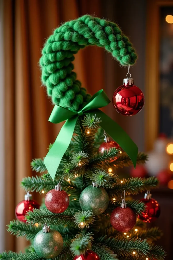 "Whimsical Grinch Christmas tree topper with curved green form, red ornament, and festive ribbon."