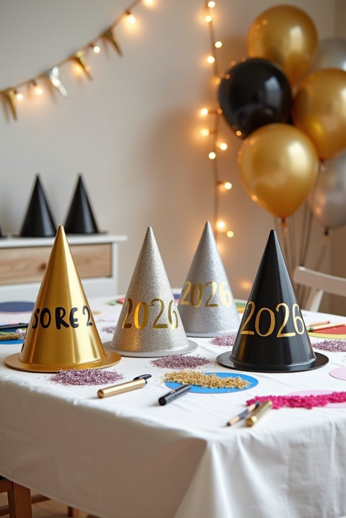 DIY glittery “2026” custom party hats with stickers and markers on a festive kids’ craft table.