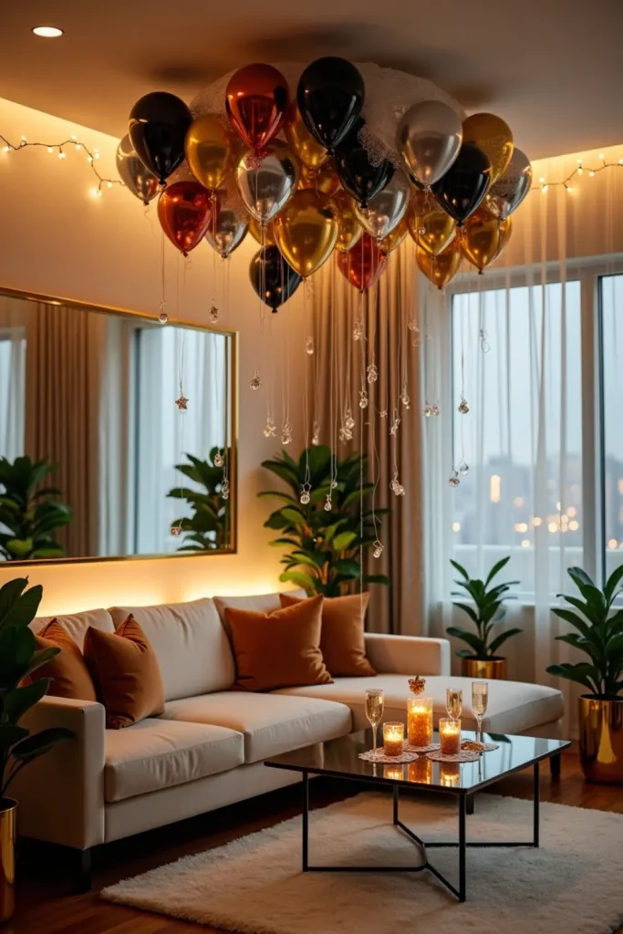 Festive DIY balloon drop setup with metallic balloons, cozy seating, and warm New Year lighting.