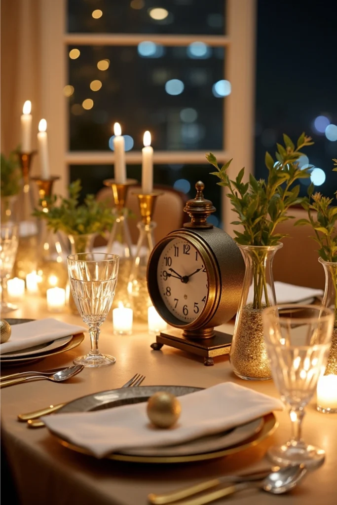 Vintage clock centerpiece with confetti vases, gold chargers, and elegant New Year’s Eve table decor